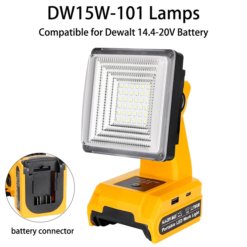 

15W 2000LM Cordless LED Work Light with USB Charging Port Portable Floodlight for Dewalt 20V 60V Batteries for Job Sites Camping