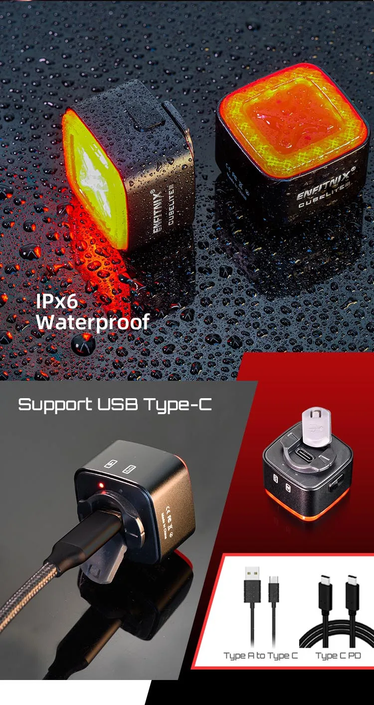 Enfitnix Cubelite III Smart Tail Light Bicycle Brake Warning Light Ultra Bright Rear Light USB Charge LED Night Warning Light