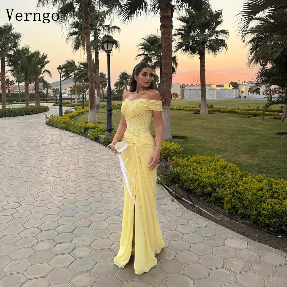 

Verngo Yellow Chiffon Evening Dress Off The Shoulder Mermaid Formal Occasion Dress Side Slit Silk Pleated Prom Gowns Customized
