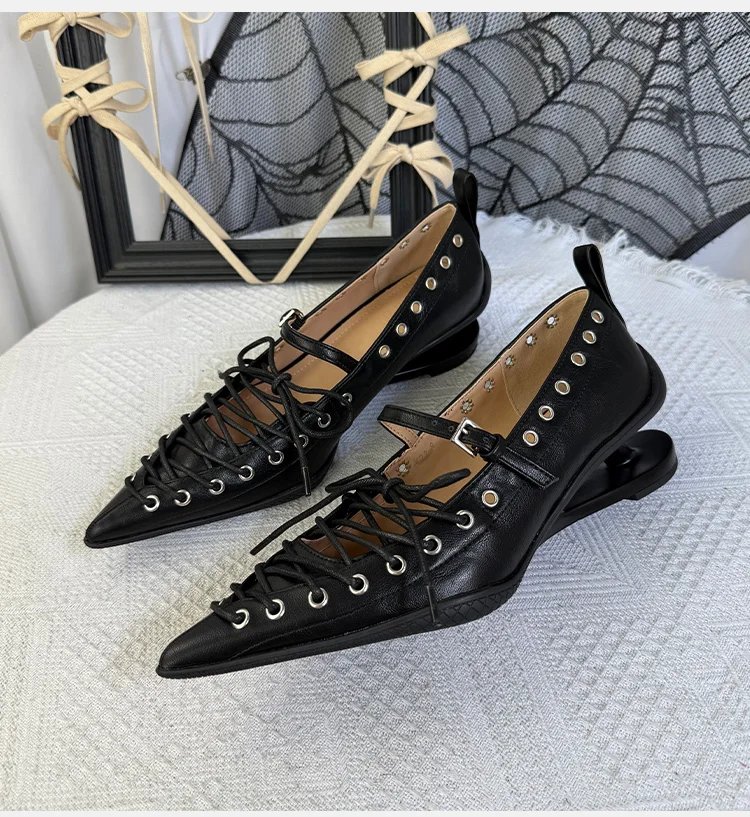 

Women Leather Pointed Toe Lace Up Pumps Fashionable Unique Sculpted Heel Shoes Eyelet Detail Stylish Edgy Heels for Party Daily
