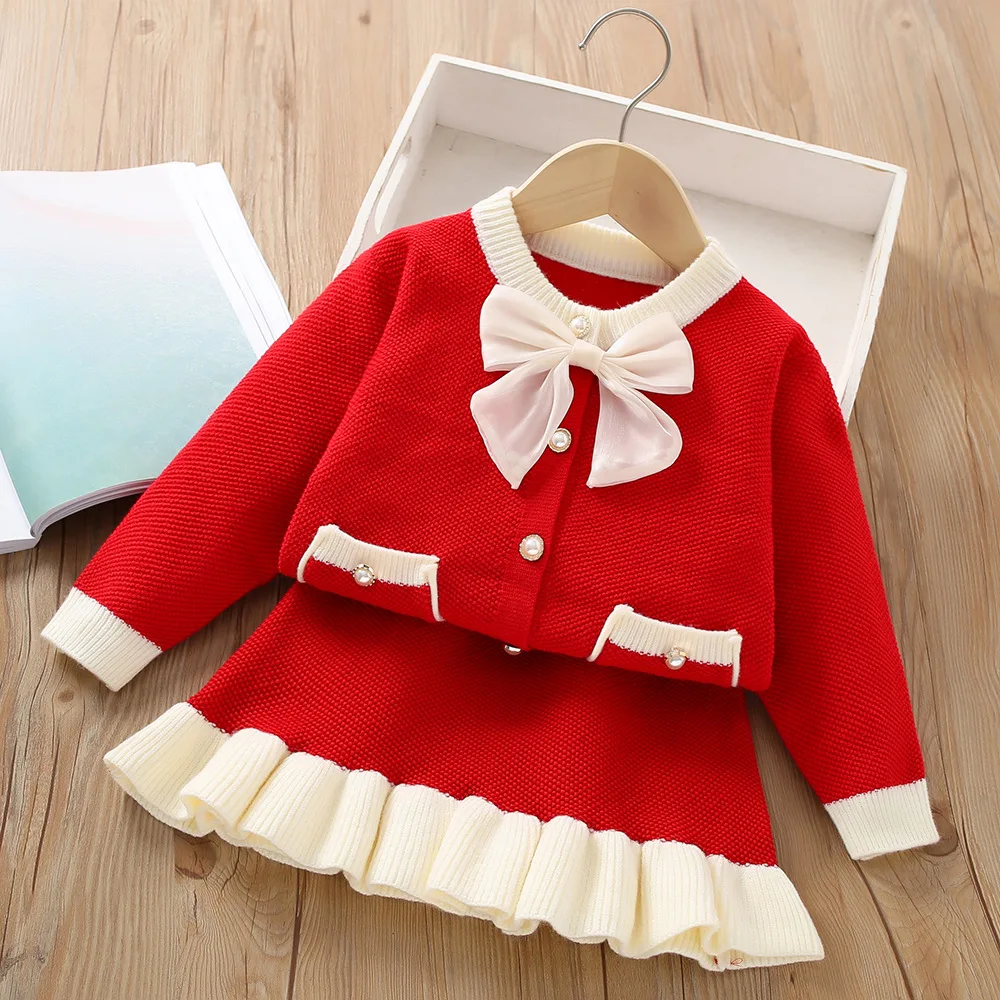 2024 Girls Autumn Dress Bow Korean Edition Children\'s Set Baby Foreigner Knitted Cardigan Two Piece Set 2-8 Year Old Top and Bot