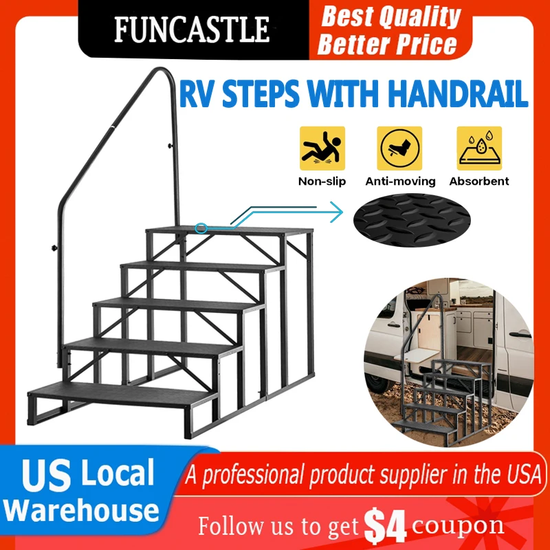 5/4 Steps RV Steps with Handrail Hot Tub Steps with Handrail Mobile Stairs Trailer Camper Steps Outdoor Spa Heavy Duty RV Step