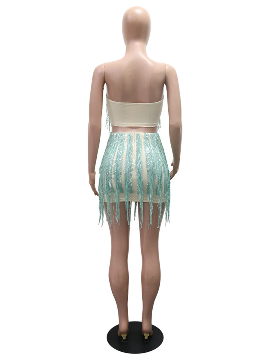 ZIML الصلبة مثير شرابة قطعتين مجموعات للنساء ساحة طوق أكمام أعلى تنورة عالية الخصر الصيف حزب مجموعة الإناث الموضة