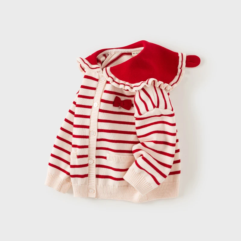 Dave Bella Children\'s Girls 2024 New Autumn Fashion Casual Classy Sweet Cardigan Red Striped Knit Overcoat Tops Cotton DB3242509