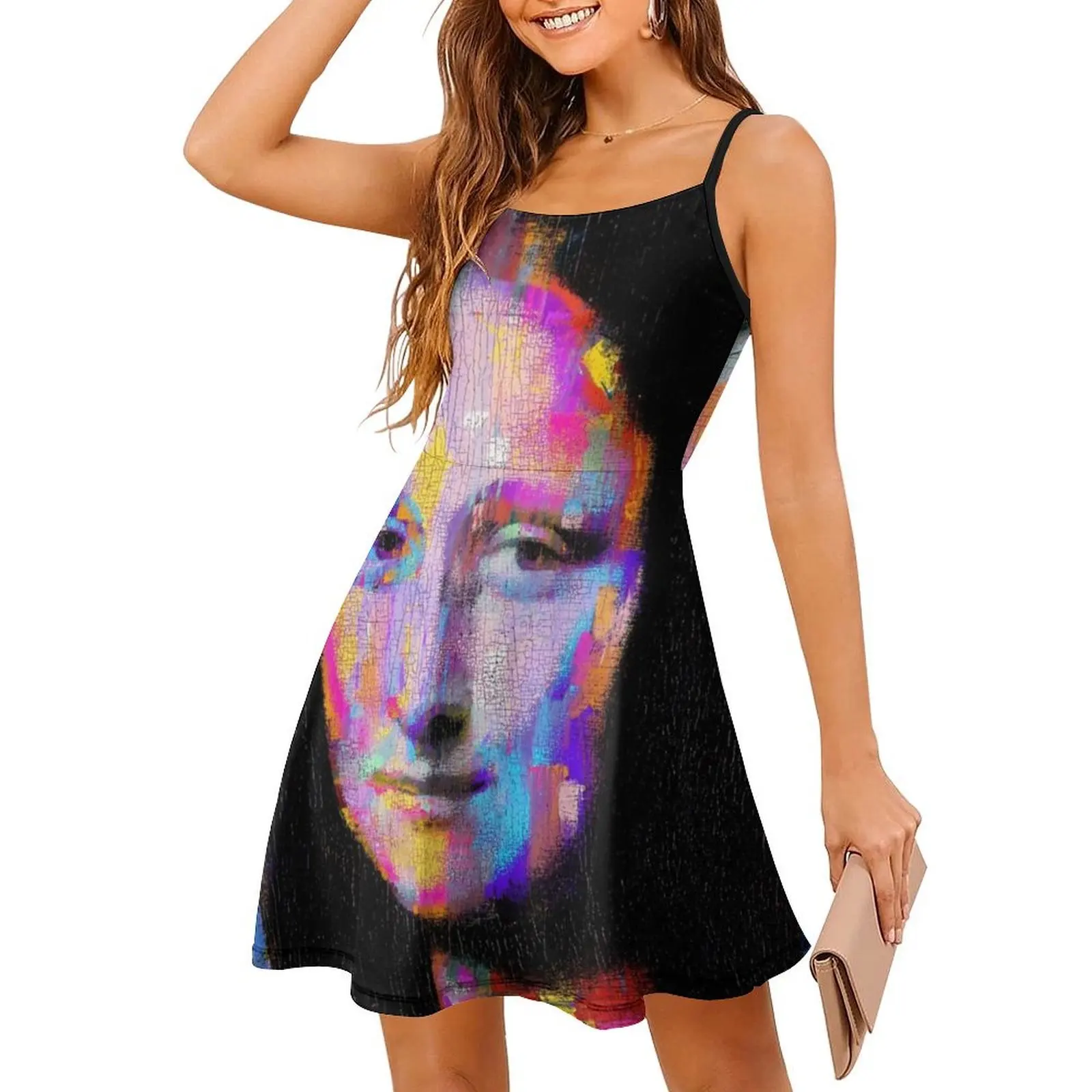الموناليزا فن البوب البوهيمي فستان بلا أكمام للنساء طباعة فساتين حفلات الشاطئ الموناليزا ليوناردو دافنشي وارهول البوب مساء