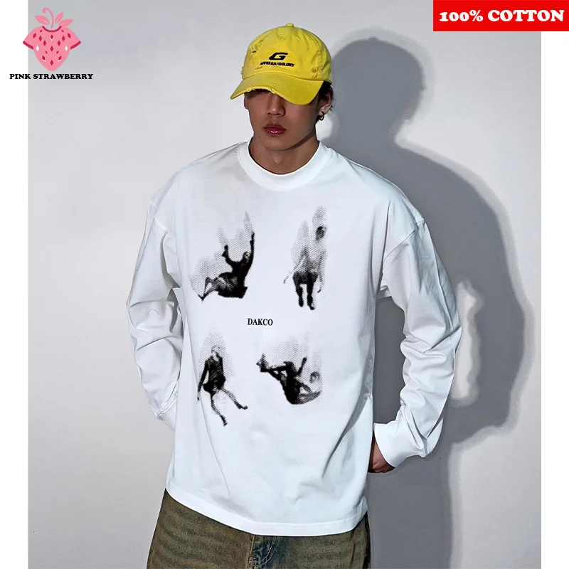 

American Abstract figure Print T-shirt Men Autumn Winter 2025 New White Long sleeved Sports T-shirt Loose Y2k Top Men clothing