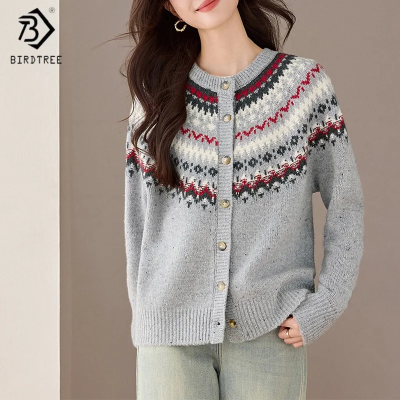 

Birdtree,100% Sheep Wool Knitted Cardigan,Woman Jacquard Soft Tops,Single Breasted,2025 Autumn Winter Coat,Red,Grey T5N519JF