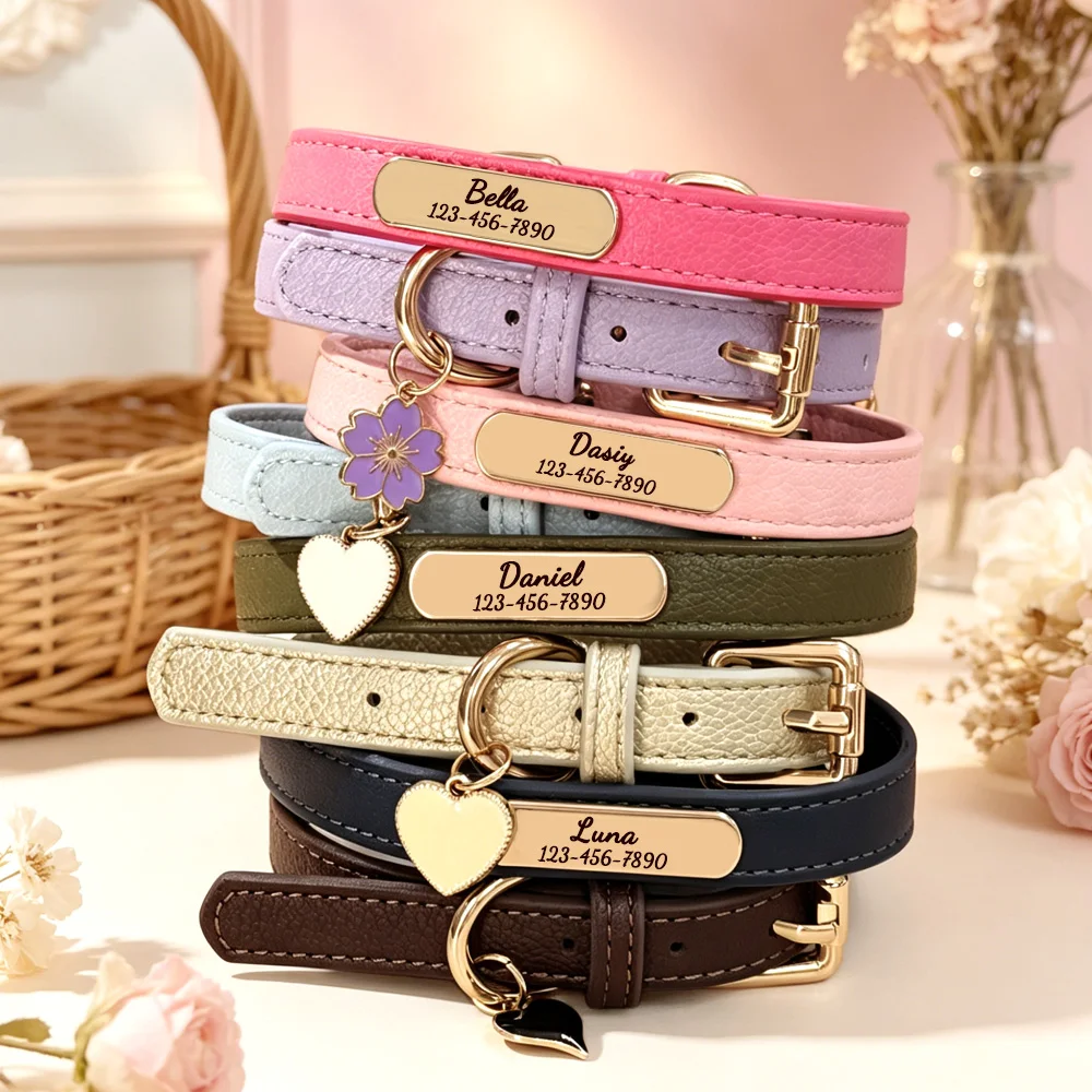 Luxury & Soft Leather Personalized Dog Collar and Pendant Pet Puppy Cat ID Nameplate Engraved for Small Medium Dogs