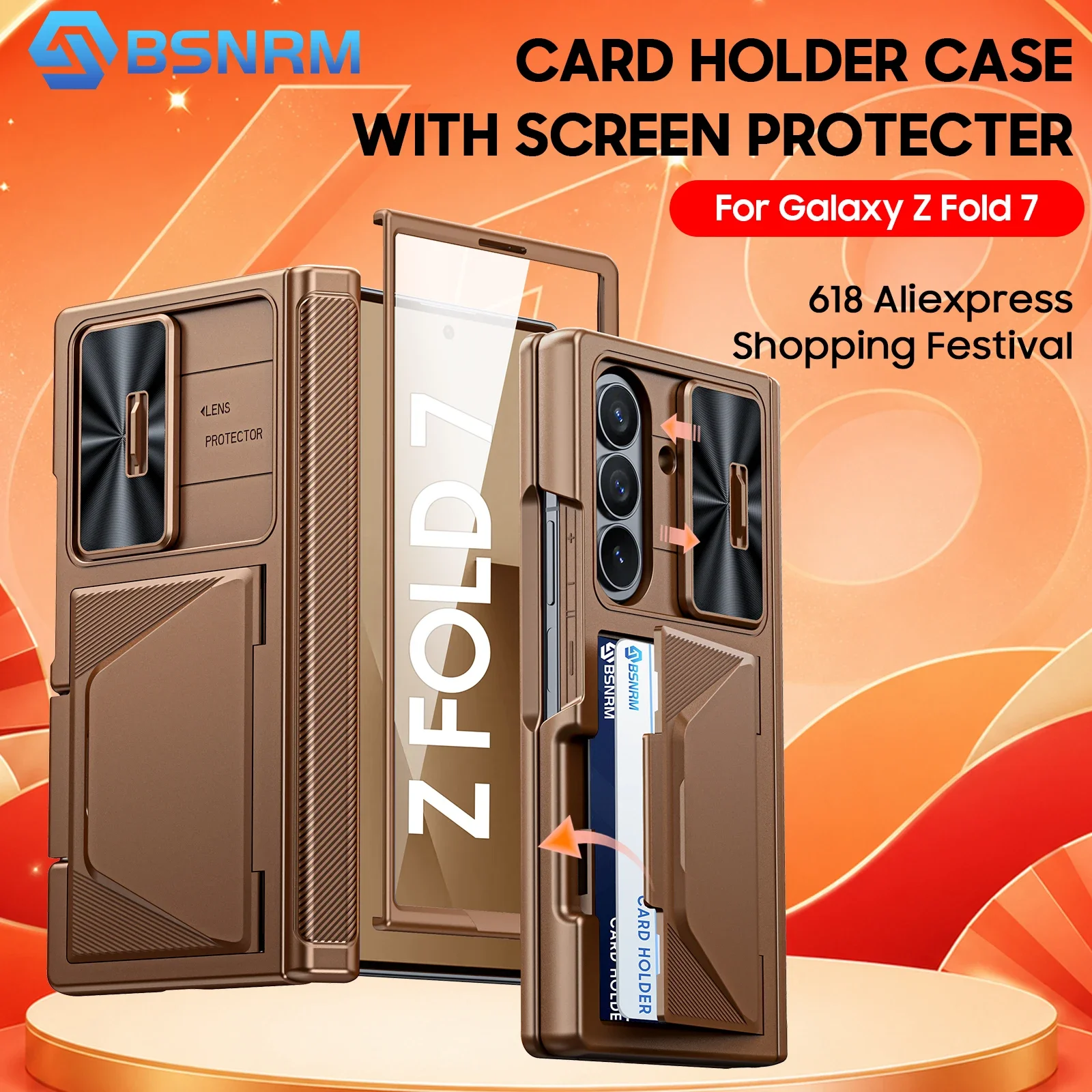 618 Hot Deals for Samsung Galaxy Fold 7 Case,with RFID Cards Holder,Protector,Slide Camera Cover,Shockproof Wallet Case-Gold