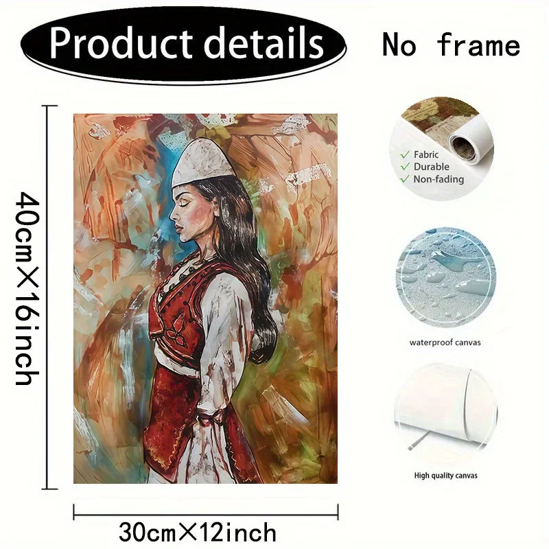 Vibrant Albanian Woman Canvas Art Print – Frameless Modern Wall Decor, Ethnic Cultural Poster for Living Room, Bedroom, Nordic