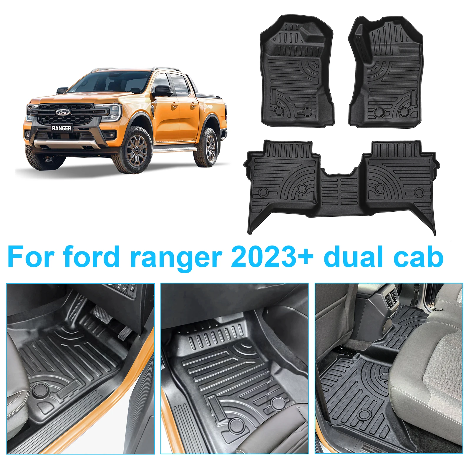 Custom Car Floor Mats Foot Pad for Ford Ranger Next-gen 2022 2023+ Double Cabin Model Car Mat With 3D Design 4X4 Car Accessories