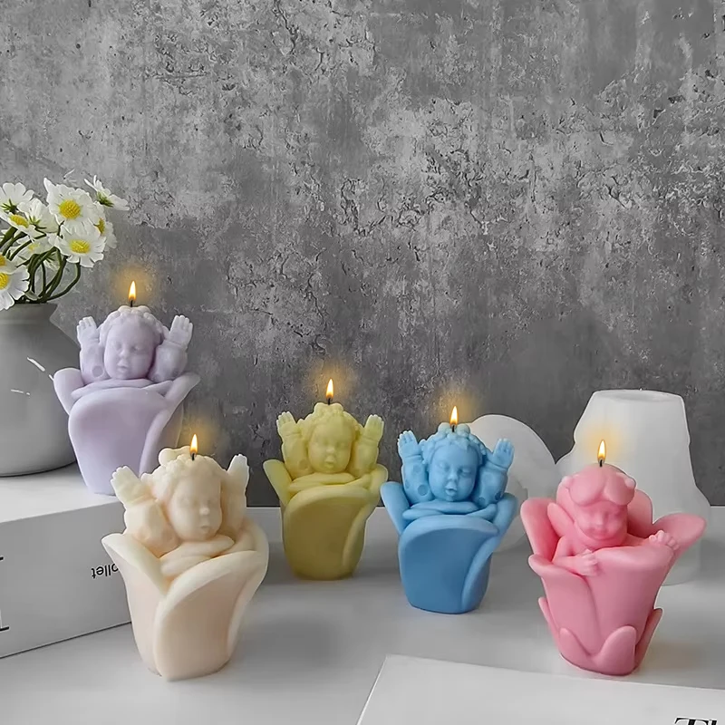 

Handmade Aroma Candle Plaster Baby Angel Ornament Mould Creative Candle Making Supplies DIY Flower Baby Angel Silicone Mold