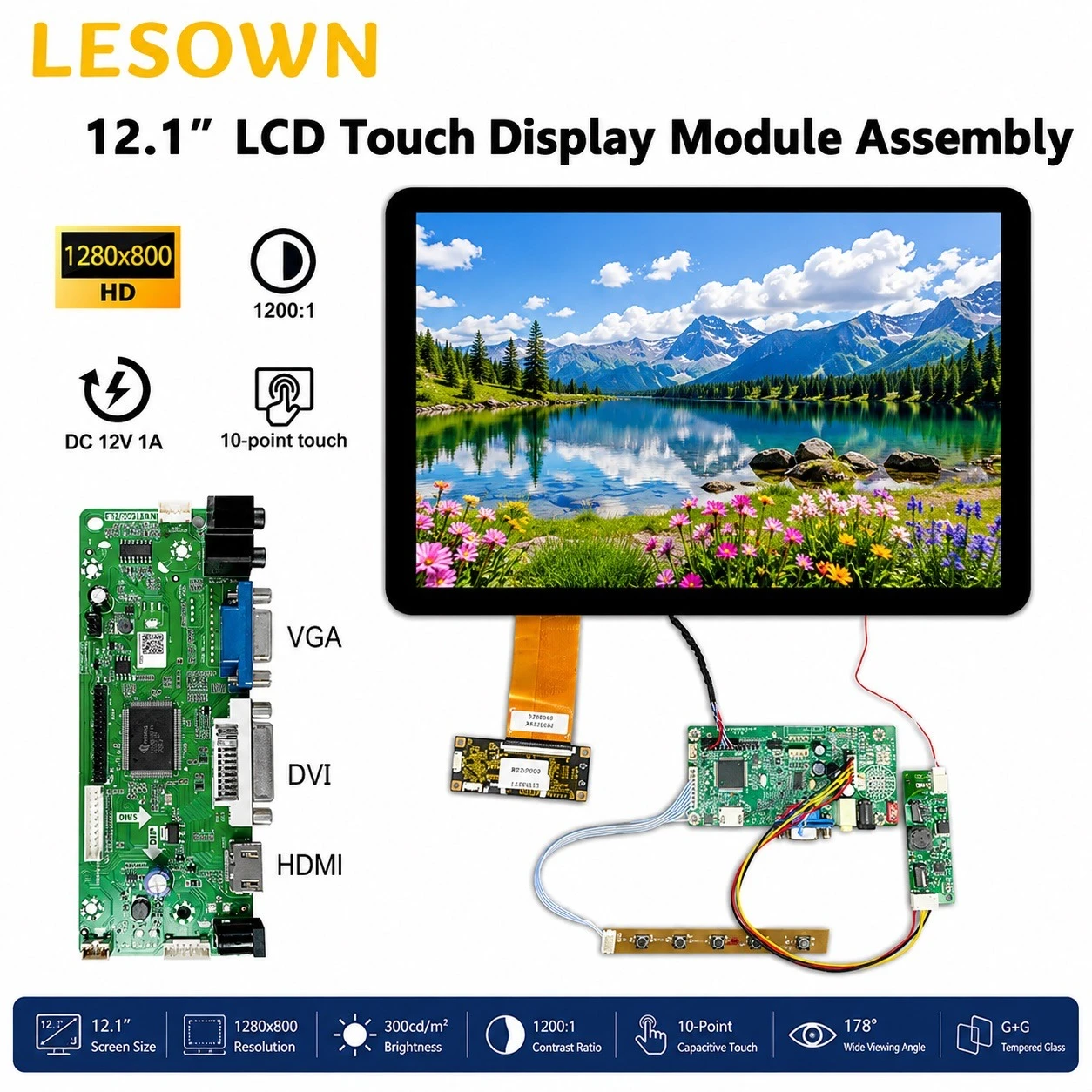 LESOWN Touchscreen 12.1 Inch 1280x800 Display Module Side Monitor Auxiliary Screen 1200:1 300cd/m2 for DIY Projects PC Laptop