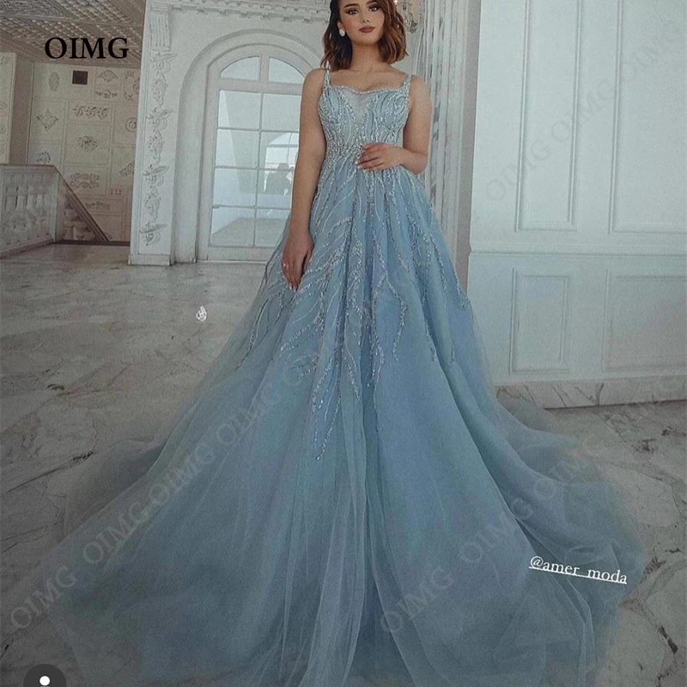 

OIMG Sky Blue Sleeveless A-Line Prom Dress Shiny Ball Gown Strapless Sparkly Beaded Lace Evening Dress Floor-Length 2024