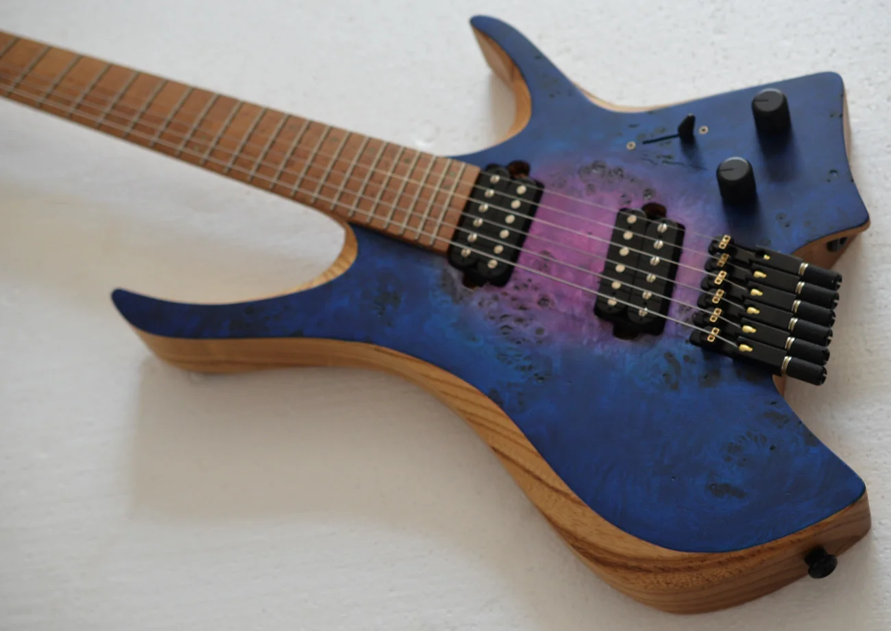 2024 NKGuitar Fanned frets 6 Strings Headless Electric Guitar Blue+pink Roasted birdseye maple fretboard HH pickups Poplar Burl