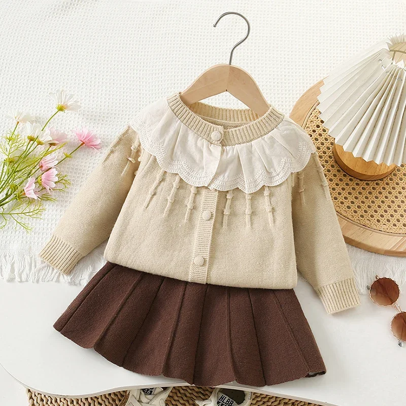 2025 New Autumn Kids Knitted Clothing Suit 2-6Yrs Baby Girls Clothing Set Long Sleeved Knitted Cardigan Coat+Short Skirt