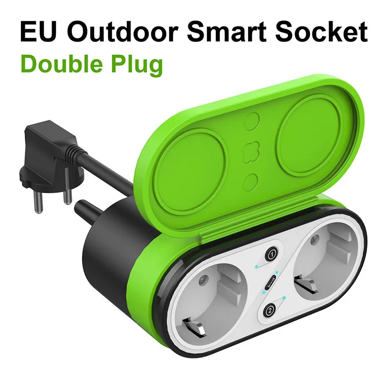 Impermeável Smart Home Timing Switch Soquete, Plug Dual Outdoor, Alexa, Plug UE, OP004