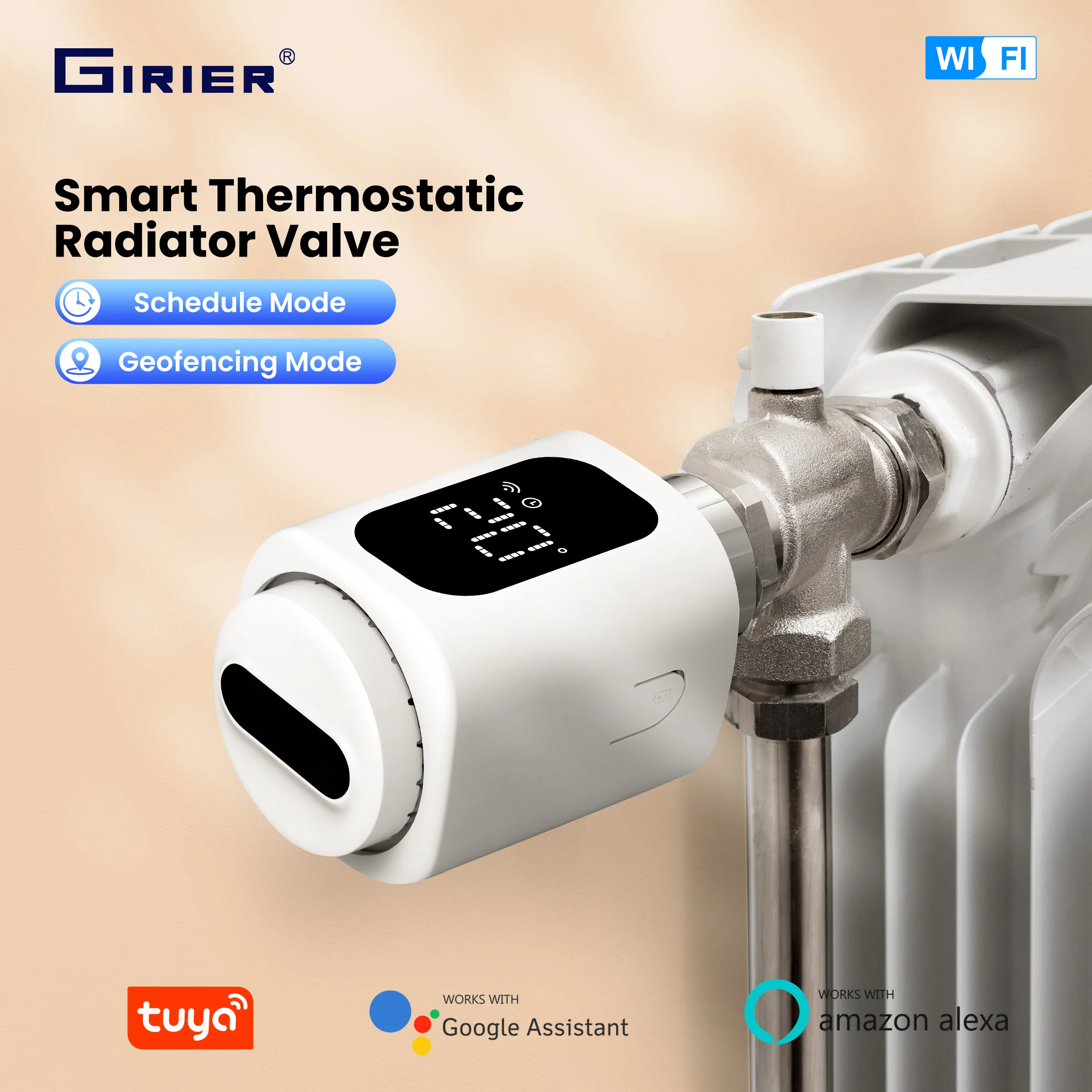 GIRIER Tuya Smart Radiator Thermostat WiFi Thermostatic Radiator Valve Programmable Temperature Controller Supports Geo Fenching