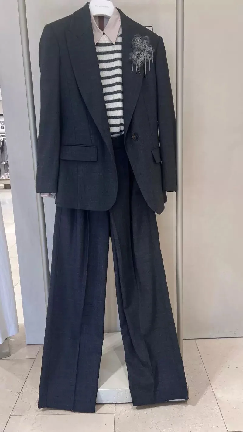 Spring Women's Worsted Wool Blazer Suit Beaded Jacket + High Waist Straight-leg Wide-leg Pants 2-Piece Set