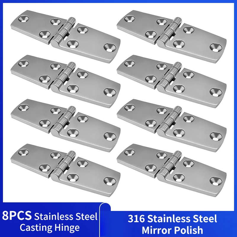 8PCS Stainless Steel Cast Door Strap Hinge with 6 Holes Mirror Polishing Marine Hinges Boat Hardware Parts Hinges-38X102MM