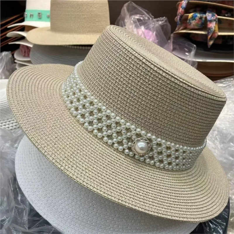 Handmade flat-topped hat for women a white versatile flat-brimmed top and shade during spring summer outings