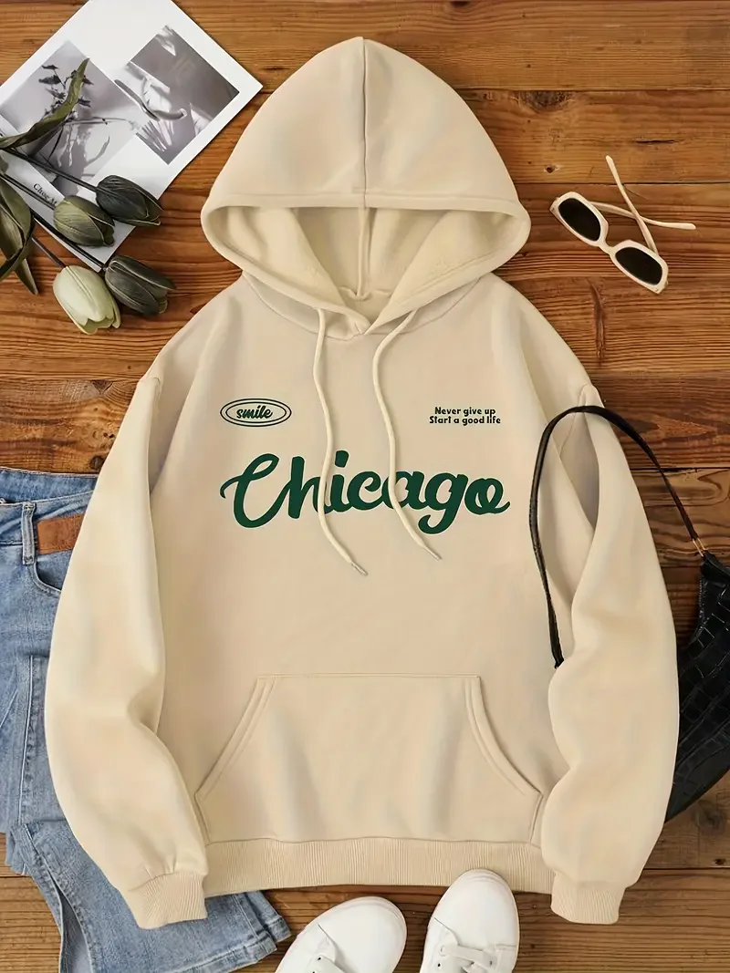 Women's Casual Fashion Plus Size Sport Hoodie, Loose Fit Pullover With "Chicogo" Print, Long Sleeve, Comfortable Fabric, Streetw