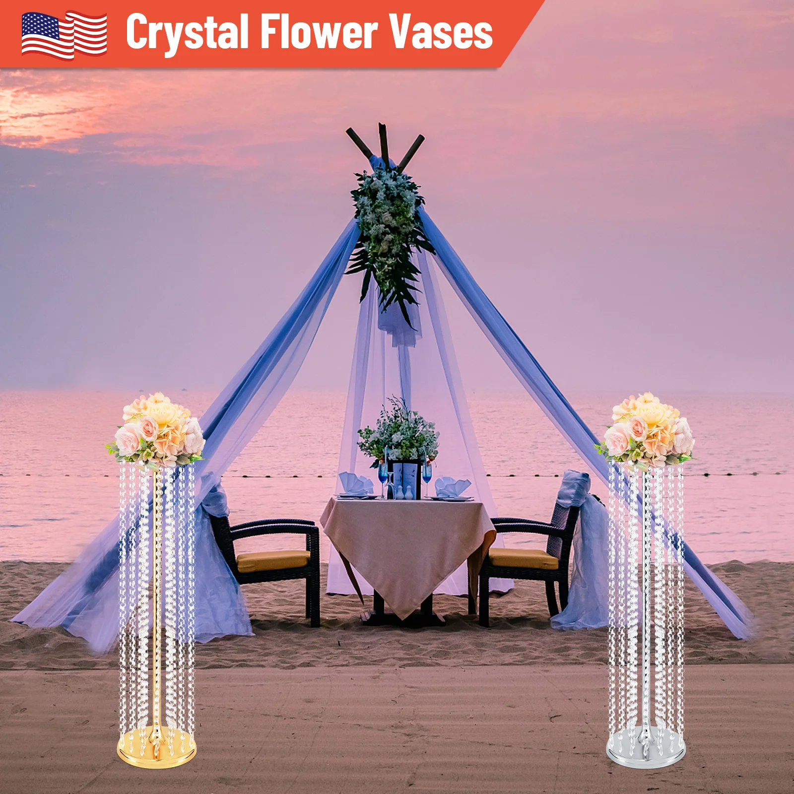 2Pcs Tall Wedding Centerpieces Flower Vases, 35.4in Gold Acrylic Crystal Beaded Metal Stand for Party Tables Decor, Elegant Bulk Wedding Reception Event Centerpiece