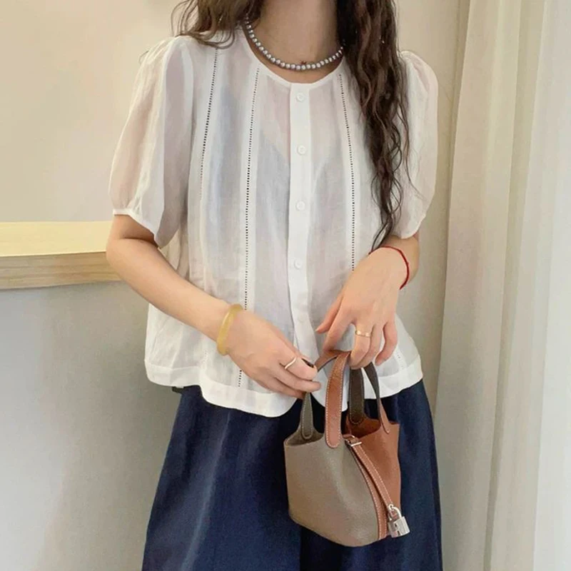 

Summer Office Lady Simplicity Elegant Trend Sexy Buttons Single Breasted O-neck Short Sleeve Dignified Intellectual Generous