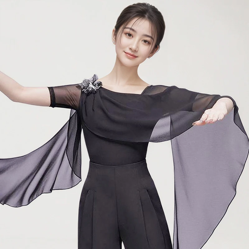 

Latin Dance Costumes Women Ballroom Standard Dance Top Black Short Sleeve Tops With Ribbon Adult Waltz Practice Clothes AMY2493