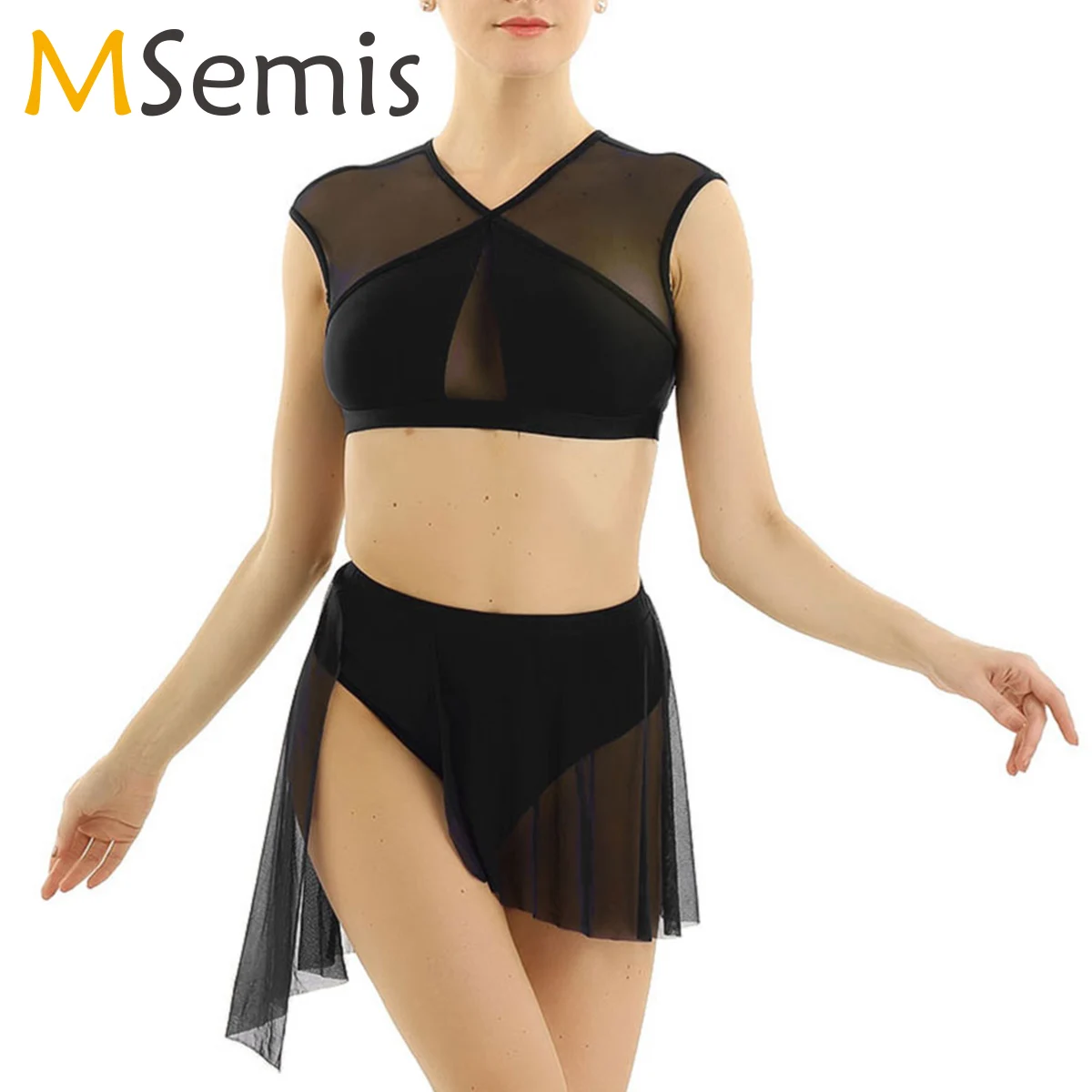 

Балетное платье для взрослых женщин, асимметричное балетное трико для женщин, короткий топ с открытой спиной и воротником-хомутом и юбкой, костюмы для лирических танцев