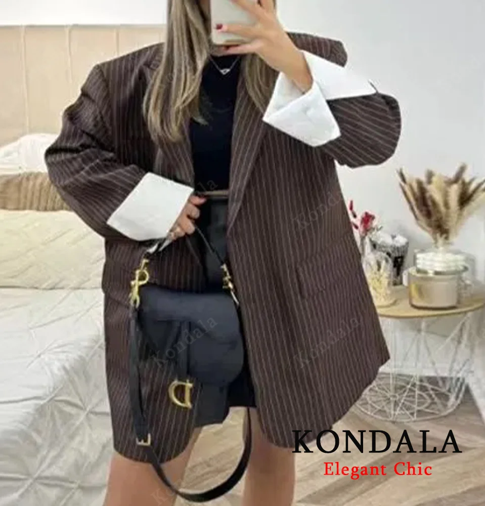 

KONDALA женский осенний элегантный коричневый полосатый пиджак на пуговицах, пиджак для свиданий, осень 2021, модный женский пиджак для поездок на работу и ужина