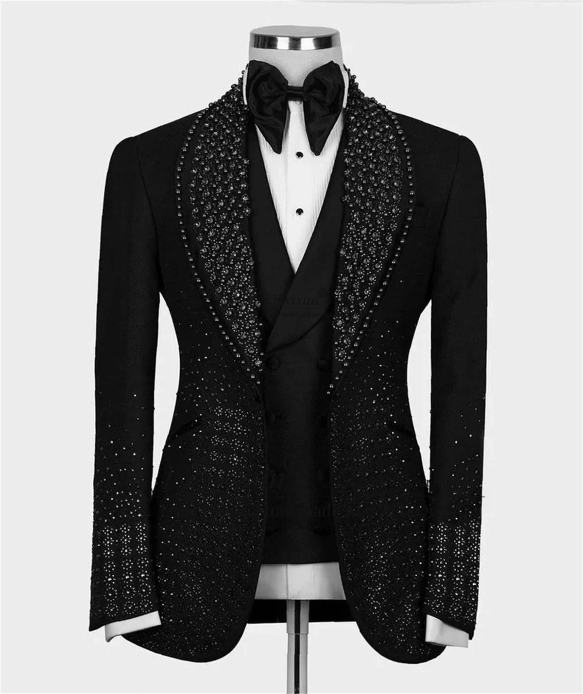 Black Crystal Embroidered Wedding Tuxedo for Men Luxury Beaded Stylish Sutis 3 Pieces Sets Male Prom Blazers Slim Costume Homme