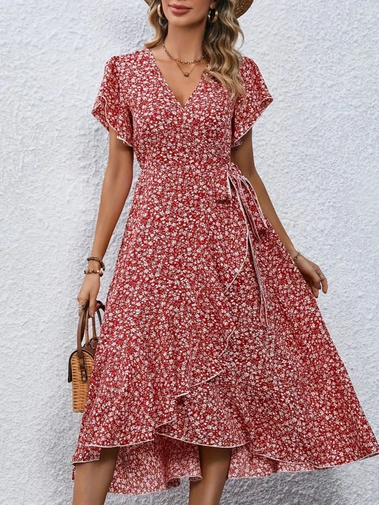Letnia damska kwiatowa zwiewna sukienka midi z rozcięciem moda dekolt w serek z krótkim rękawem nieregularne sukienki Boho plaża wakacyjna sukienka letnia szata