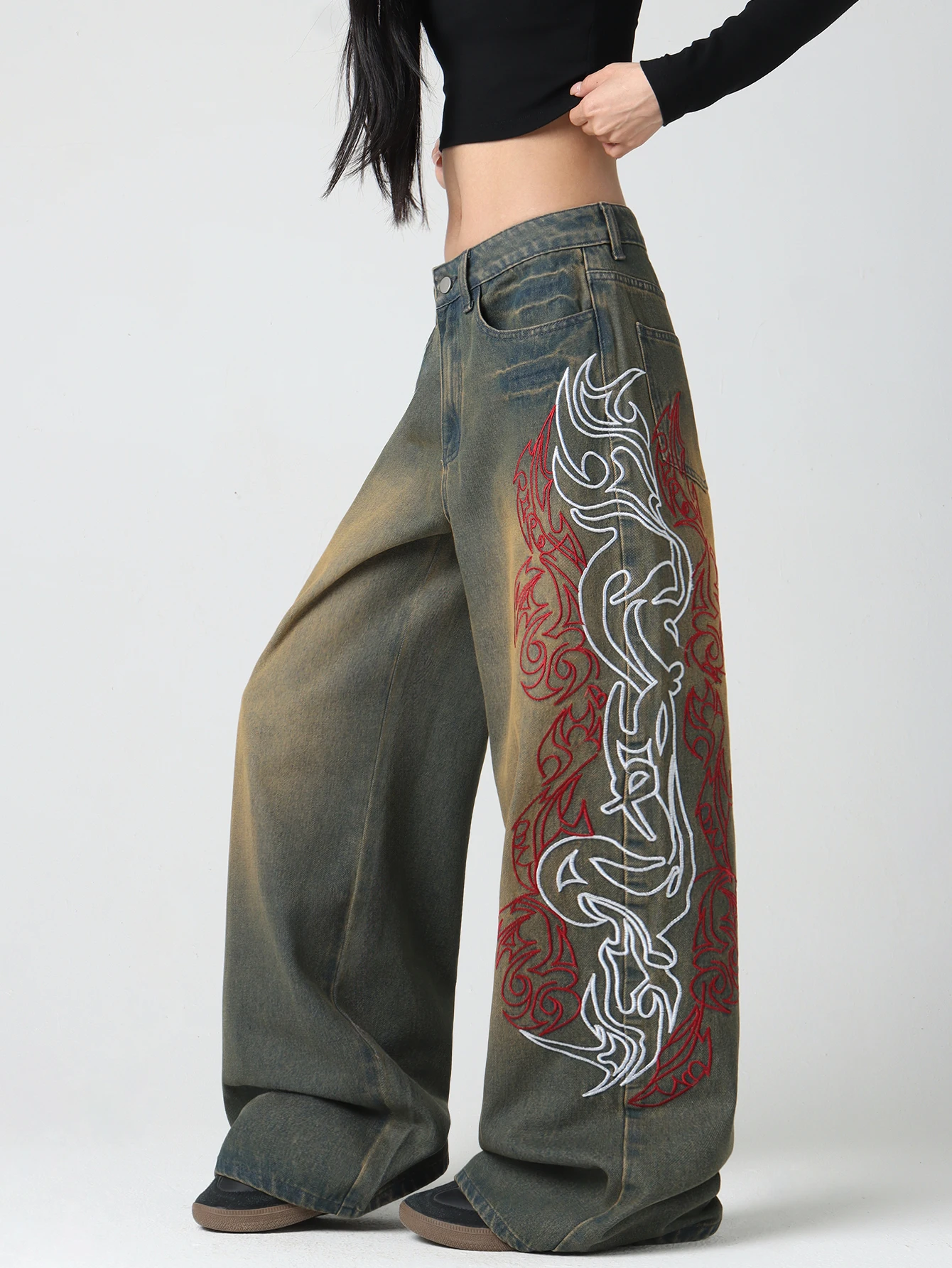 European And American Style, Dragon Pattern Flame Contrast Embroidery, Vintage Aby Style, Yellow Mud Gradient Jeans