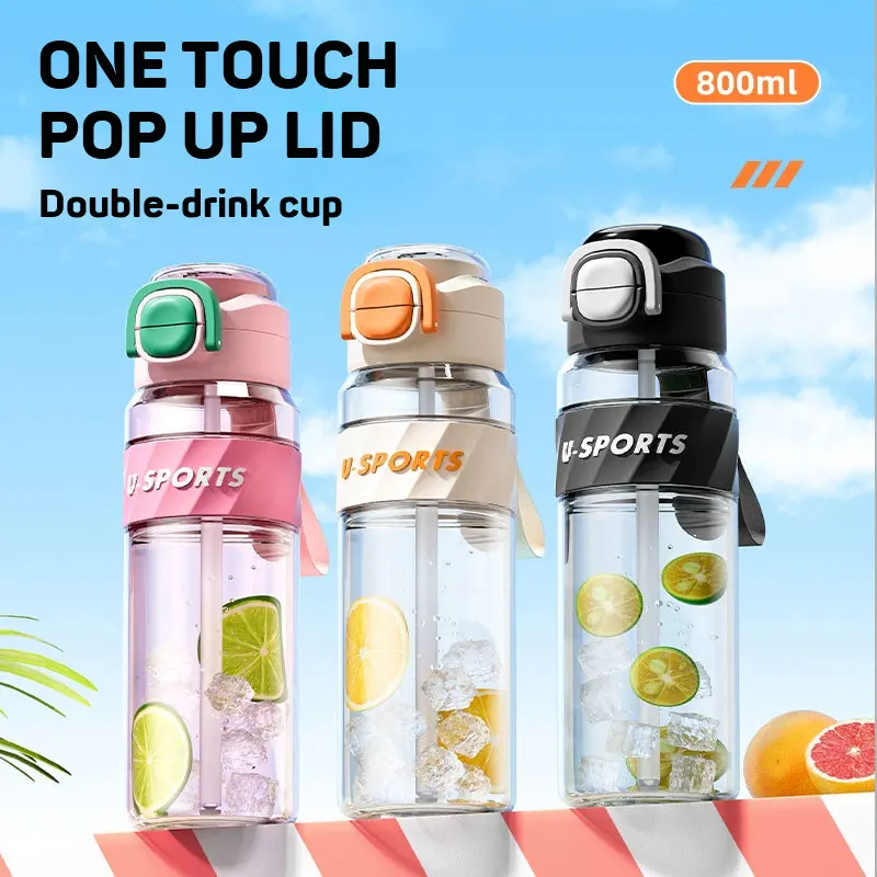 800ML Trendy Sports Cup PC Material Double Drink Cup Portable High Appearance Travel Water Fitness Water Mug Ice Water Bottle