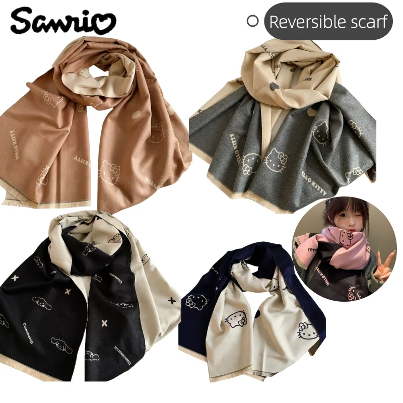 

Sanrio Hello Kitty Pochacco Cinnamoroll аниме узор мультфильм милый двусторонний шарф кавайный стиль для девочек теплый и универсальный шарф