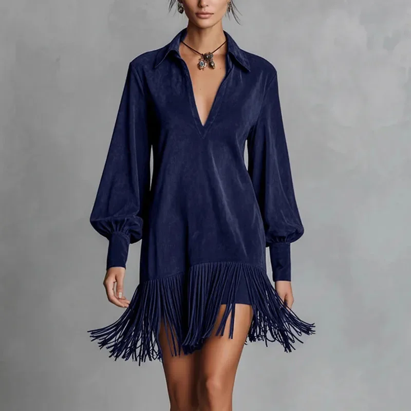 Women Retro Solid Imitation Suede Tassel Dress Lapel Hollow A Line Short Long Sleeve Party Spring