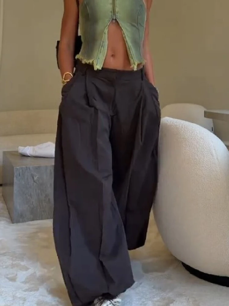 Vintage Brown Low‑Rise Lantern Pants Women Oversized Pleated Wide Leg Trousers Loose Fit With Pockets Street Casual Streetwear