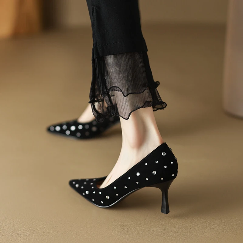 NEW Spring Women Shoes Pointed Toe Thin Heel Pumps for Women Sheep Suede High Heels Blue Women Stiletto Heels Bling-bling Shoes