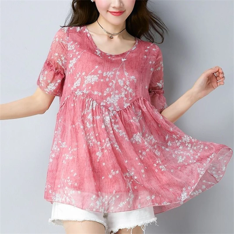 2024 Summer Women\'s Fashion Print Ruffle Sweet Blouse Casual O Neck Short Sleeve Chiffon Shirt Loose Chic Tops Blusas Para Mujer