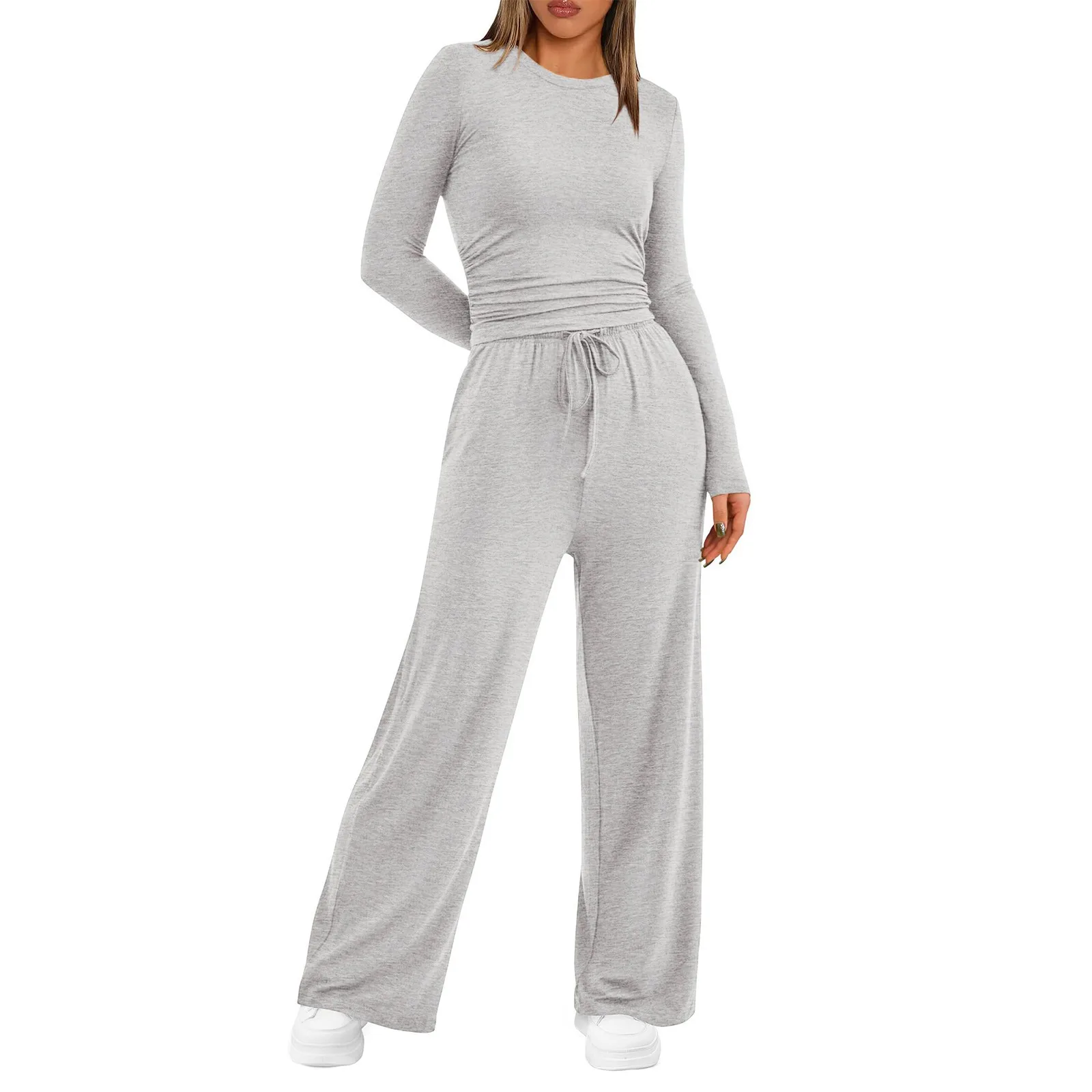 Women All-Match 2 Piece Set Track Suits Long Sleeve Tee Shirts Drawstring Wide Leg Palazzo Pants Sets Fall Casual Wear Outfits