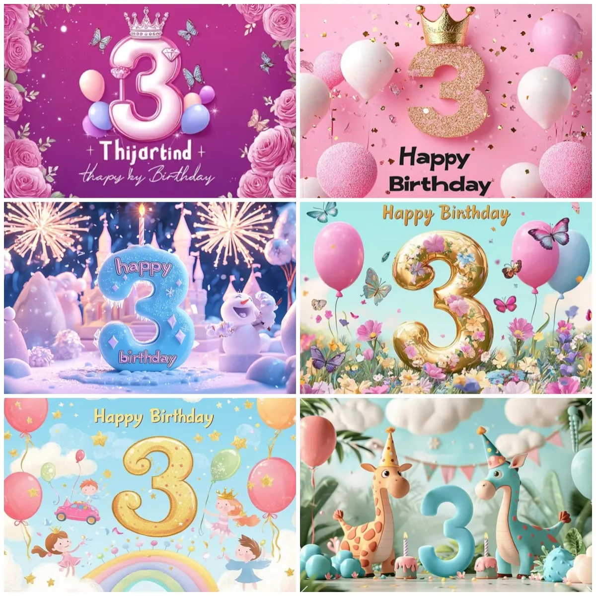 

3rd Birthday Party Decorations Pink Crown Gold Glitter Backdrop Photography Props Supplies Boy Girl Colorful Balloon Background