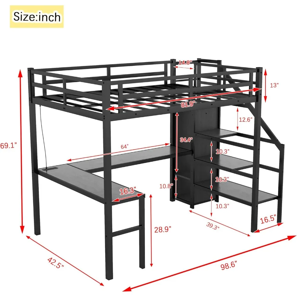 Twin XL Size Metal Loft Bed with Desk and Wardrobe,Heavy Duty Loft Bed Frame with Storage Stairs,LED Loft Bed Twin XL