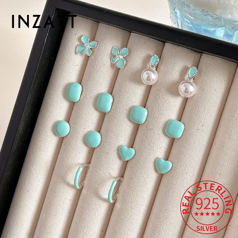 

INZATT Real 925 Sterling Silver Mint Color Flower Mini Stud Earrings for Women Cute Plant Fine Jewelry Exquisite Accessories