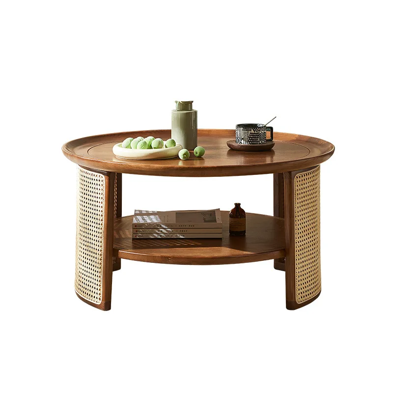 

Nordic round coffee table Japanese modern simple wabi-sabi wind retro original solid wood rattan round high-end artistic low tab