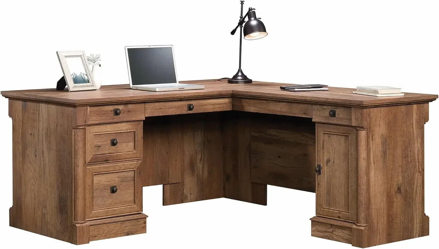 L Shaped Desk with Drawers, Office Desk with File Cabinet Storage, Cable Management, Keyboard Tray, in Vintage Oak Finish