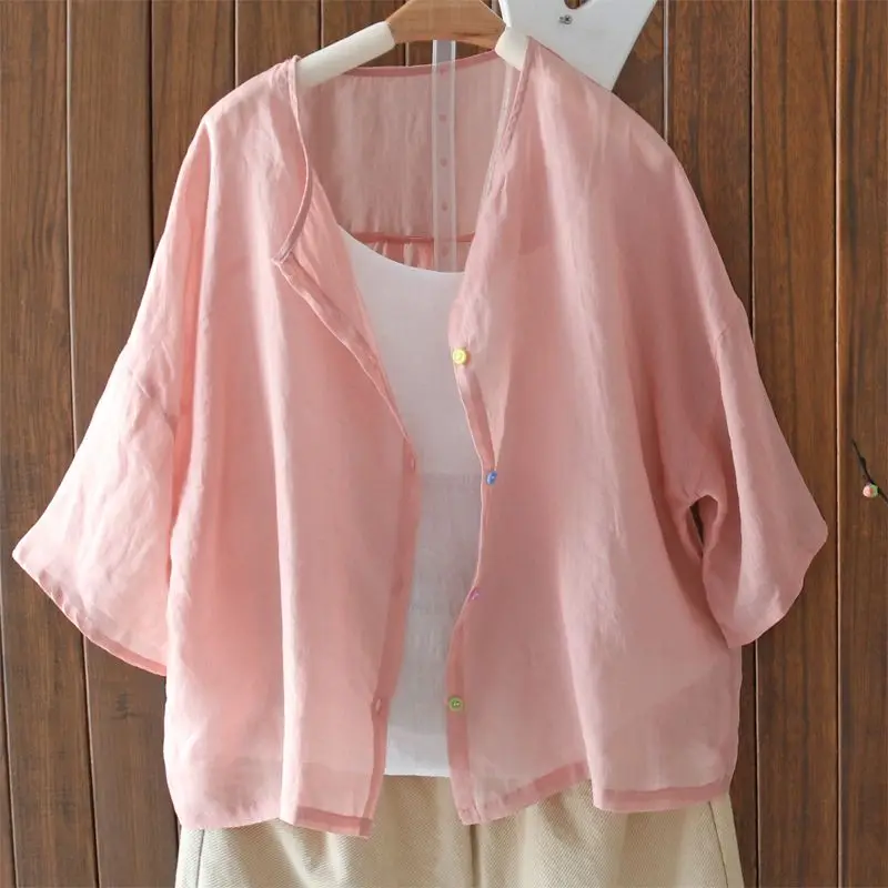 Elegante Losse Kantoor Dames Kleding Mode Casual Eenvoud Korte Mouw Comfortabele Effen Kleur Knop Zomer Blouses