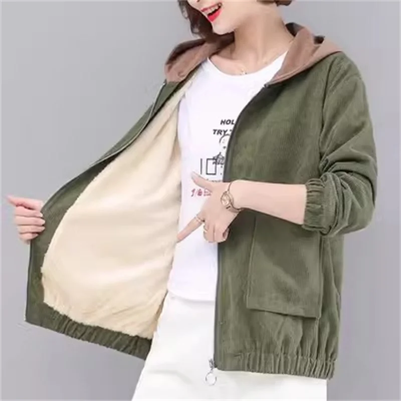 

Thickened Corduroy jacket For Women Spring Autumn Winter Loose fit for middle-Aged Mothers Korean hooded versatile Short Jacket