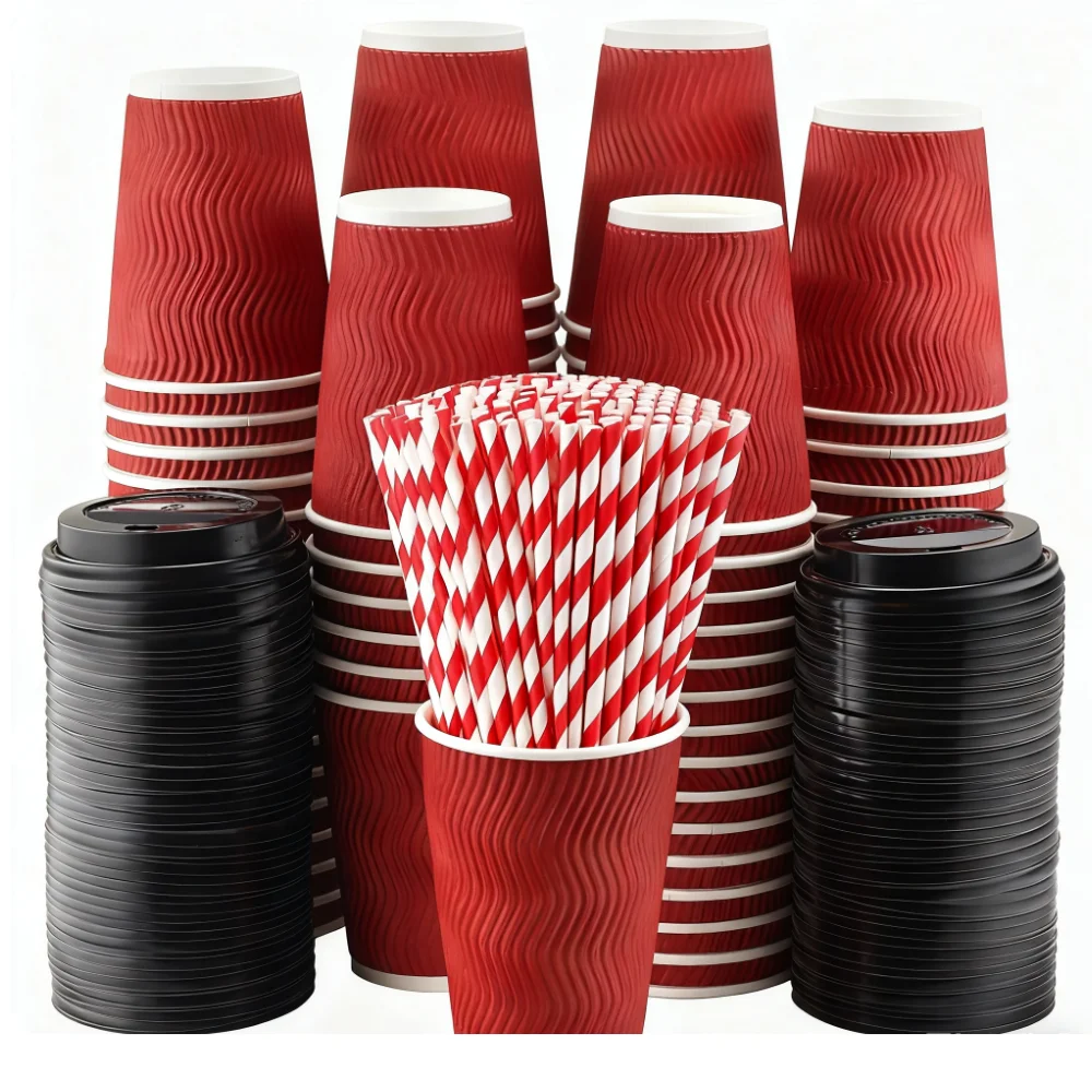 

Red Corrugated Disposable Coffee Cups Heat Insulation Cups with Straw for Hot Beverage Ideal for Party Christmas New Year Supply