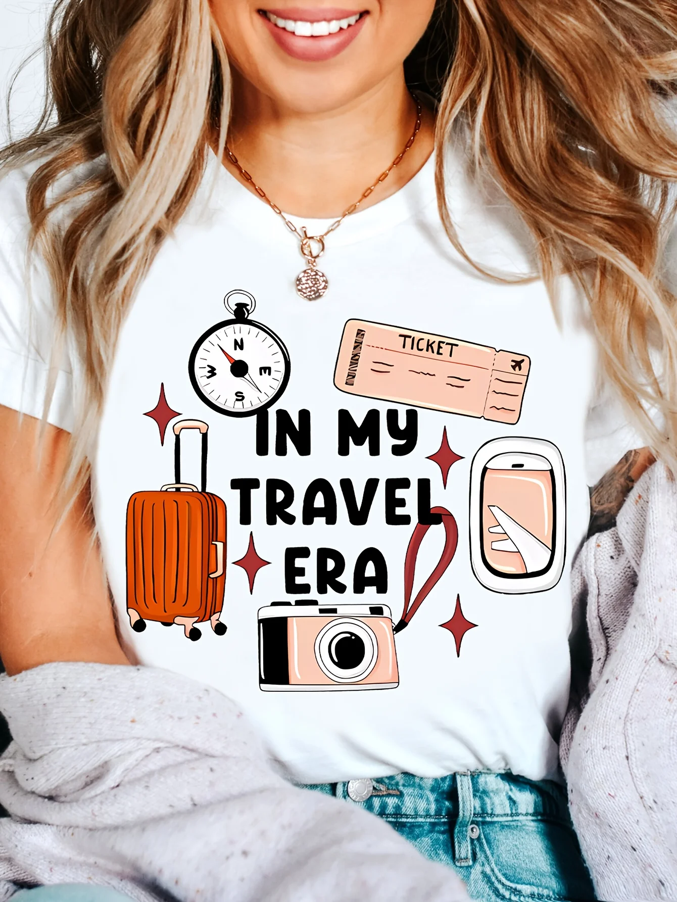

Women'S Travel Themed T-Shirt Crew Neck Geometric-Patterned Summer Top Casual Style for Travel Lovers Summer Woman Clothing